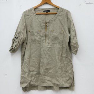 Ellen Tracy 100% Linen Tunic Top Large Olive Green Roll Tab Sleeve Laganlook